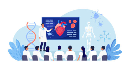 Medical conference, education. Students study research in cardiology science. Doctor giving speech on medicine seminar for audience. Scientist presenting human heart infographics at workshop training