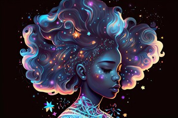 Wall Mural - A cute African American teenage goddess with beautiful afrocentric hairstyle made from celestial bodies fade into the universe. Generative AI AIG16.