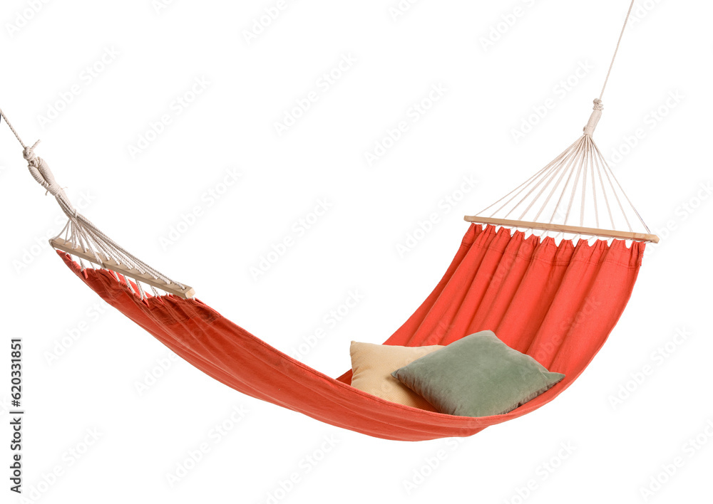 Cozy red hammock with cushions isolated on white background