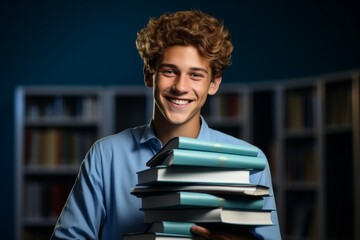 Poster - Portrait of a young male student with books in the library. Back To School concept. Backdrop with selective focus