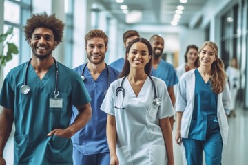 Wall Mural - Team of doctors in the hospital. Background with selective focus. AI generated, human enhanced