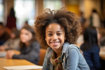 Sticker - Afro-American girl in class. Back To School concept. Background with selective focus