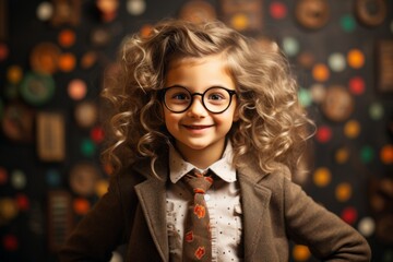 Girl genius solves the task at the blackboard in the classroom. Back To School concept. Backdrop with selective focus