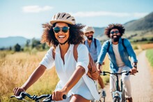 Group Of African American Friends Enjoying Ride In Their Bikes On A Sunny Summer Day