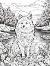  AI Generated.Antistress Coloring Book For Adults. Yorkshire Terrier Near The Lake