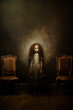 A hauntingly beautiful eerily creepy little girl in an old fashioned dress standing between two chairs in a large room
