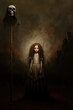© gridspot - A hauntingly beautiful eerily creepy little girl in an old fashioned dress standing next to a skull on a stick