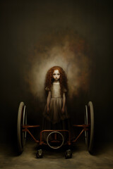 Wall Mural - A hauntingly beautiful eerily creepy little girl in an old fashioned dress standing behind a contraption with wheels