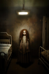 Wall Mural - A hauntingly beautiful eerily creepy little girl in an old fashioned dress standing between two hospital beds