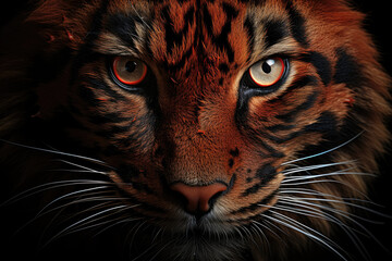 Close-up of the striking big eyes of a red tiger. Generative Ai.