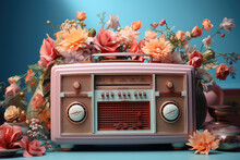 Old Pink Vintage Retro-style Radio Receiver With Colorful Summer Flowers And Green Leaves, Set Against A Pastel Blue Background. Generative Ai.