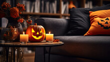 Living Room With Halloween Decoration, Pumpkins And Candles On The Coffee Table. Illustration Generated With Ai Generative