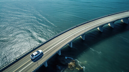 an aerial view of a car driving across a bridge over the ocean. Generative Ai