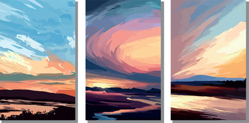 Collections of three wall art pieces showcasing landscape paintings in a brushstroke technique, encompassing stunning portrayals of sunsets and sunrises. Vector artwork.