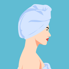 Wall Mural - female avatar using hair towel. side view. vector illustration.