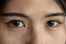 Portrait Close Up Of Eyes Of Happy Asian Casual Businesswoman In Office