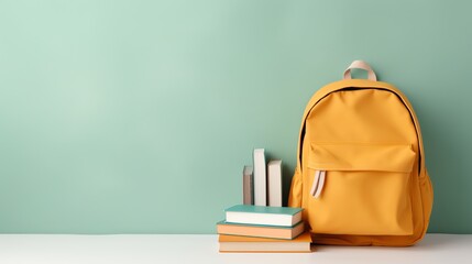 School backpack with books, pastel green background. Back to school concept. Space for text.