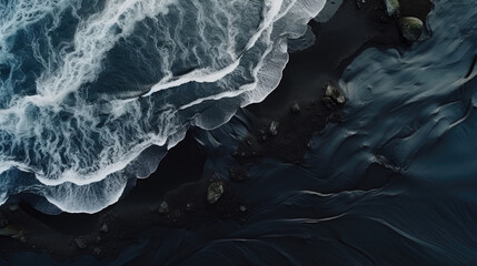 water lapping rocks, black sand, rough sea