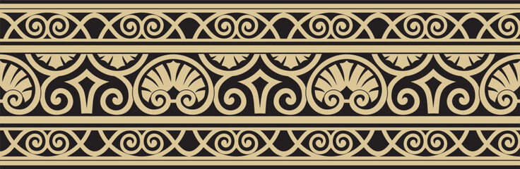 Vector gold and black seamless classic renaissance ornament. Endless european border, revival style frame..