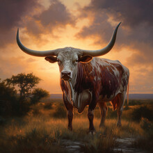 Illustration Of A Longhorn Steer In The Sunset