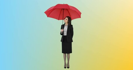 Poster - Animation of caucasian businesswoman holding red umbrella on blue to yellow background