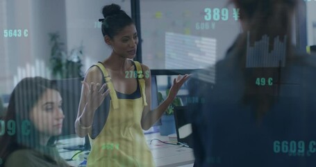 Wall Mural - Animation of statistical data processing against biracial woman talking to her colleagues at office