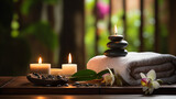 Fototapeta Sypialnia - Towel on fern with candles and black hot stone on wooden background. Hot stone massage setting lit by candles. Massage therapy for one person with candle light. Beauty spa treatment and relax concept.