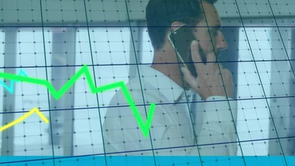 Poster - Animation of graphs moving against caucasian businessman talking on smartphone at an airport