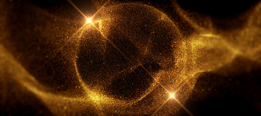Poster - Small particles abstract Golden yellow glitters glittering modern on a black background blurred out sides. Promote a product advertisement or text festival add a touch of luxury.