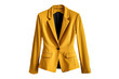 A yellow blazer for women, placed on a hanger and isolated against a transparent background.