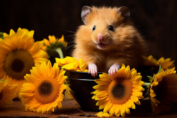 Wall Mural - Cute Brown Hamster Get into the Bowl on a Beautiful Sunflower Background in Springtime