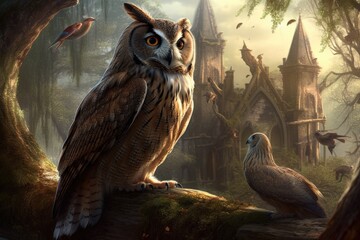 Wall Mural - Illustration of an owl and a bird in a forest