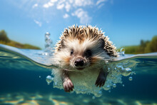 Cute Mini Hedgehog Swimming In The Fresh Water Lake With Nature Background On Sunny Day