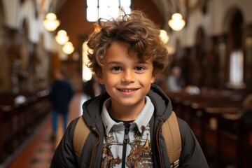 Smiling Hispanic boy looking at the camera Elementary school boy carrying a backpack and standing in the library at school Cheerful middle eastern boy standing against library background