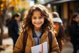 Fototapeta Pomosty - Smiling girl student in school backpack and holding exercise book Portrait of happy Asian girl outside elementary school Close-up face of smiling Spanish schoolgirl looking at camera