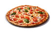 © AkuAku - A transparent background showcases an Italian pizza adorned with fresh vegetables and basil leaves, alongside melted mozzarella cheese, green olives, and tomato.