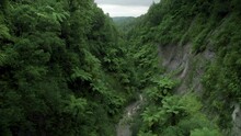 Lush And Rich Nature View As A Drone Slowly Flies Backwards Over A Stream In A Rocky Valley. Captivating Beauty Of Steep Hills And Dense Subtropical Vegetation In This Mesmerizing Aerial 4k Footage.