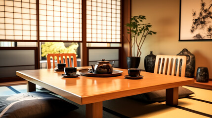 Wall Mural - Japanese dining room with a low table and cushions. Interior design of dining room decorated in simple colors and patterns, and with sense of community and togetherness