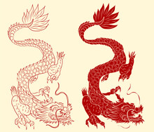 Japanese Red Dragon Tattoo.Dragon On Red Background For Chinese New Year.Gold Chinese Dragon Vector.Gold Line Art King Dragon Tattoo.cartoon Vector For T-shirt.