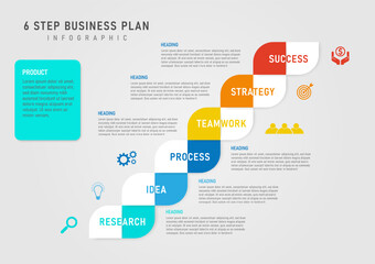 Wall Mural - infographic template 6 steps success business planning multicolored squares letters in the center left and right icons square frame in the middle empty space place letters gray gradient background