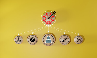 Wall Mural - woods block step on table with icon action plan, goal and target, success and business target concep
