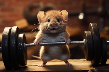 Cute Mouse Lifting Weights. Generative AI