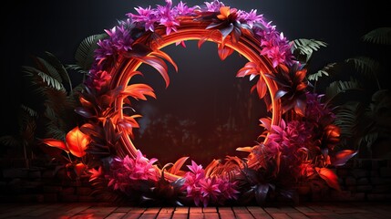 This vibrant round frame of floral foliage exudes an enchanting energy, inviting the viewer to marvel in its wild beauty, pink frame copy space text layout in the jungle neon color flowers