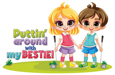 Poster - Cute kids playing golf in cartoon style