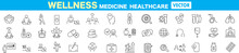 Wellness, Relaxation, Health, Exercise, Yoga, Spa, Diet, Wellbeing, Icon Set Collection.
