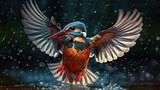Fototapeta  - Magnificent kingfisher halcyon bird with wings spread taking flight bathing in the rain photo illustration, wildlife, animal, ai