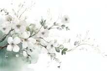Watercolor White Cherry Blossom. White Flowers On A Branch. Illustration. Generative AI.