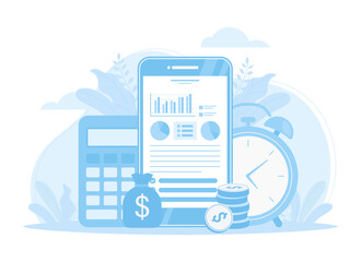 Wall Mural - Finance with calculator, coin and data analyst trending concept flat illustration