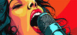 © ArtClip - A beautiful girl sings or speaks into a microphone. Face and mouth close-up. Vector cartoon pop art illustration. Pop-art music singing woman's mouth with retro microphone on blue background.
