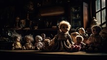 A Dimly Lit Attic Filled With Dusty Antique Dolls